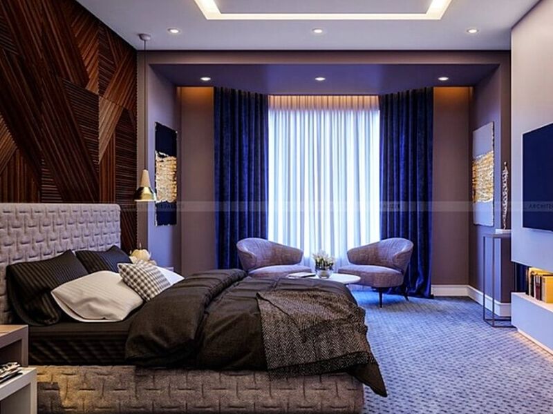 diseño dormitorio azul marrón Bolivia
